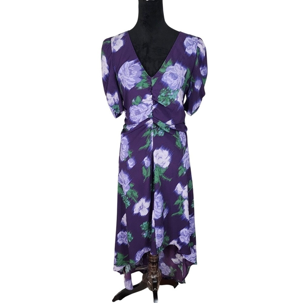A NEW DAY Size Medium Purple Floral Recycled Polyester Hi-Low Ruched V-neck Maxi